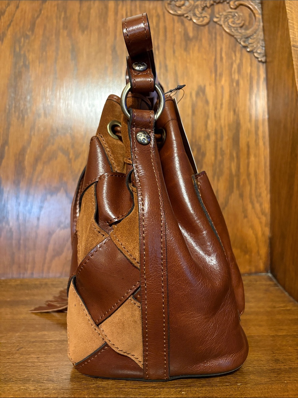 NWT-Patricia Nash-Bellona Bucket Bag-Suede Leather Weave Design-Cognac-$249 - Picture 5 of 15